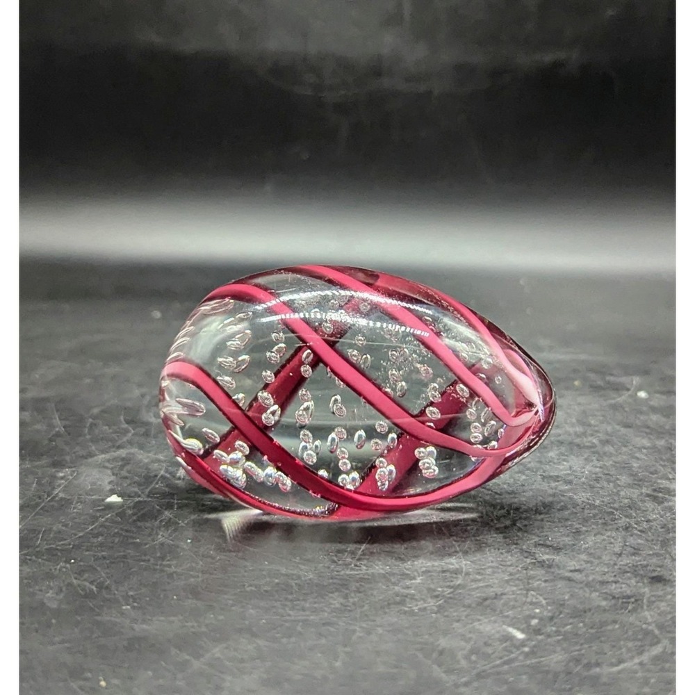 Vintage Handmade Art Glass Sideways Laying Egg Paperweight Red Swirl 4" Bubble